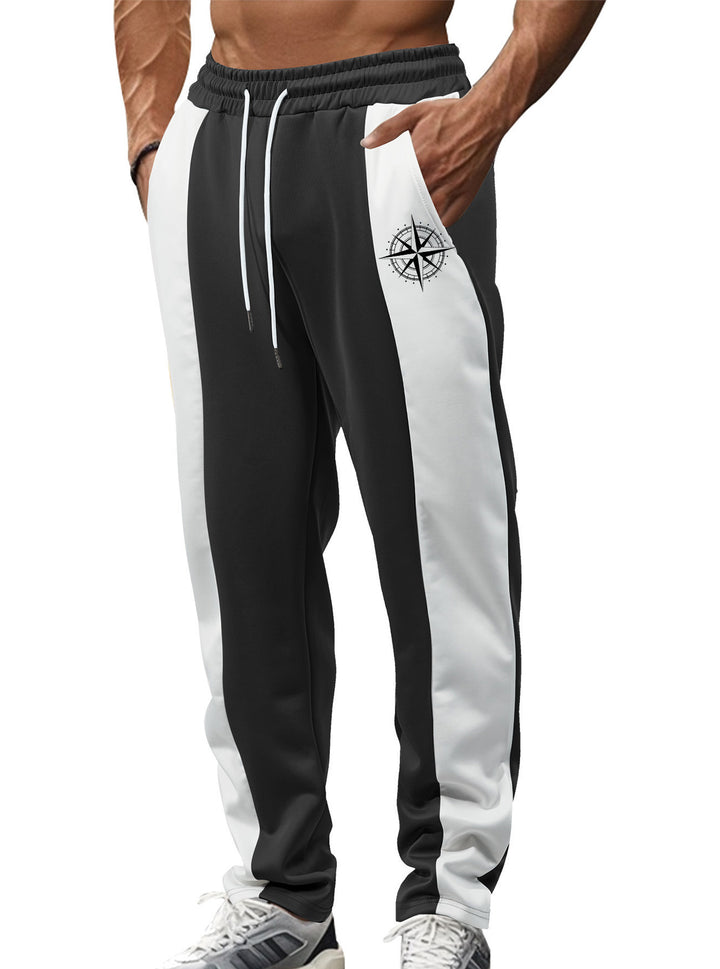 Men's sporty track pants with side contrast stripes, elastic waistband, drawstring, and deer embroidery StylebySassy