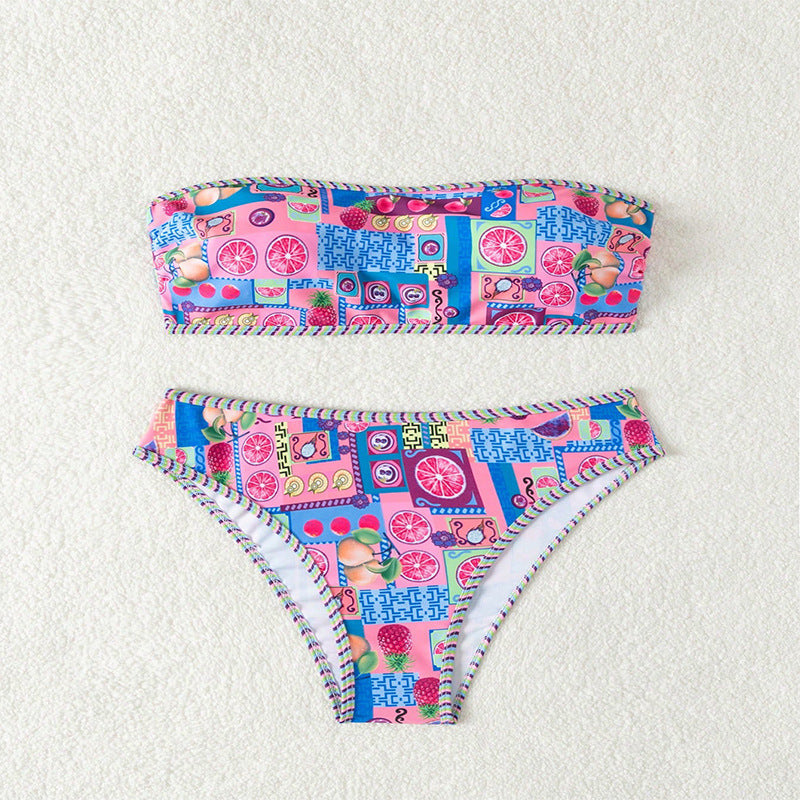 Ladies bandeau bikini with fruity pattern and decorative contrasting seams StylebySassy