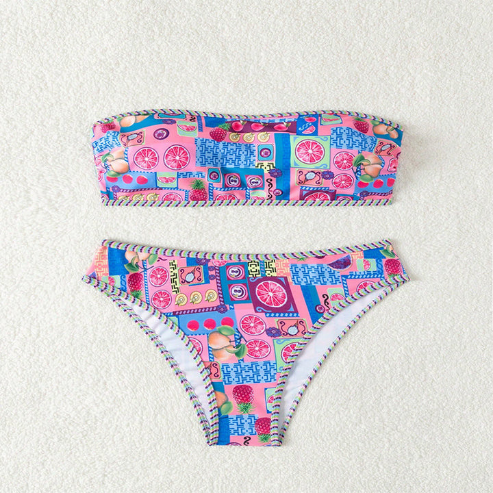 Ladies bandeau bikini with fruity pattern and decorative contrasting seams StylebySassy