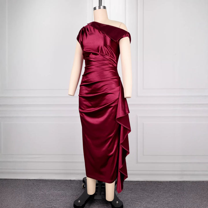 Ladies elegant satin evening dress with asymmetrical ruffled details StylebySassy