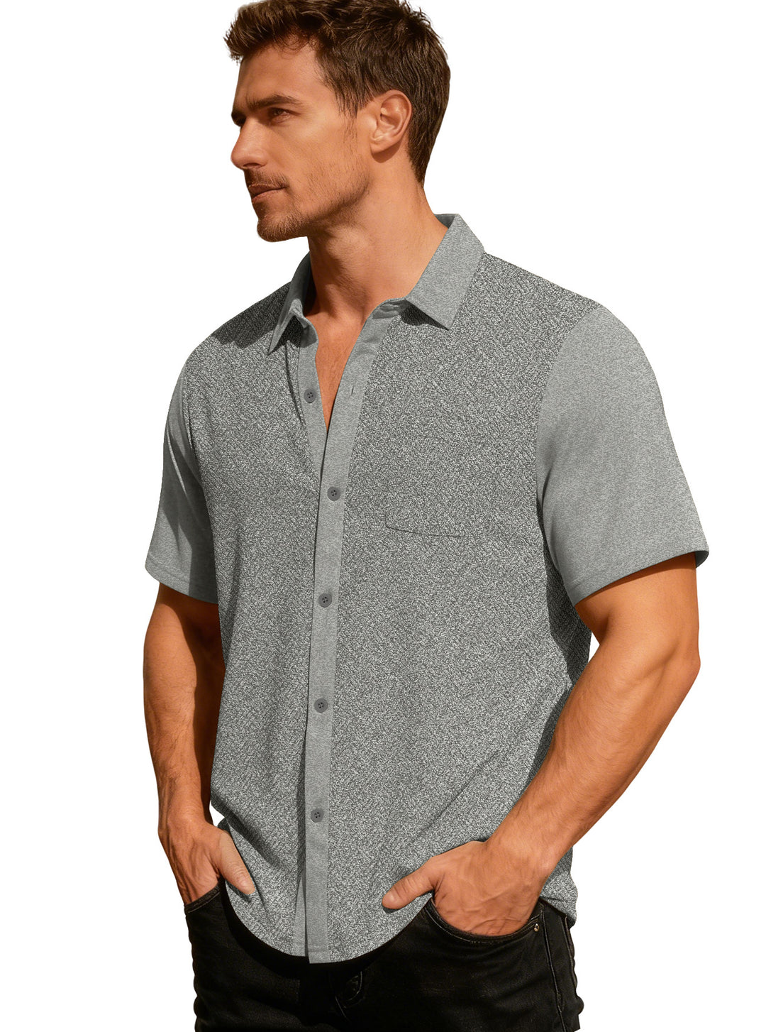Men's leisure short sleeve shirt with jacquard texture, contrasted button placket and chest pocket StylebySassy