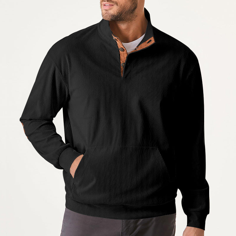 Men's fine ribbed stand-up collar sweater with button placket, kangaroo pocket, and suede elbow patches StylebySassy