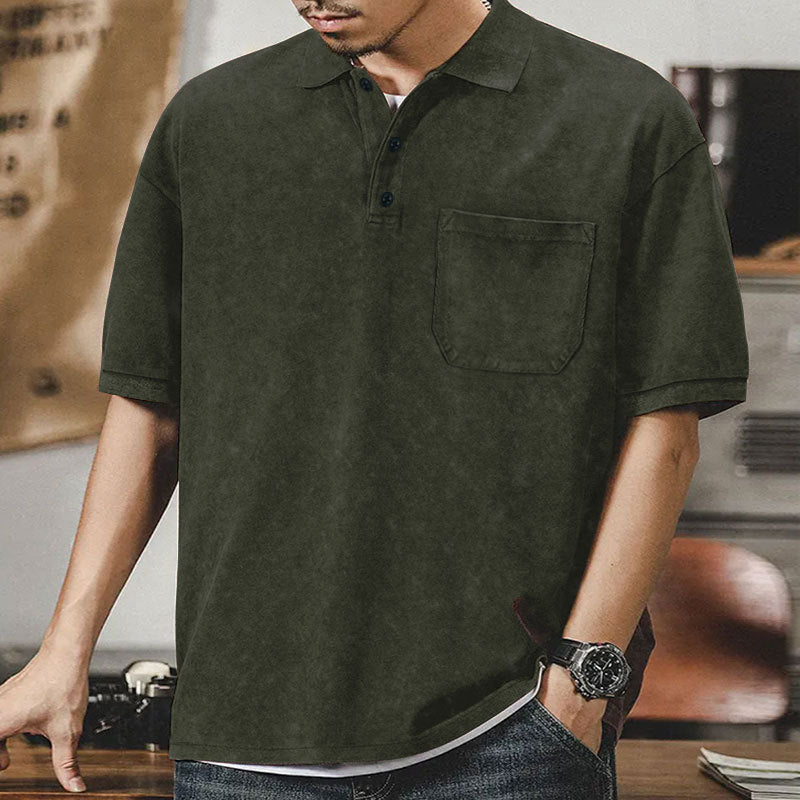 Men's loosely cut cotton polo shirt with a patch chest pocket and short button placket StylebySassy
