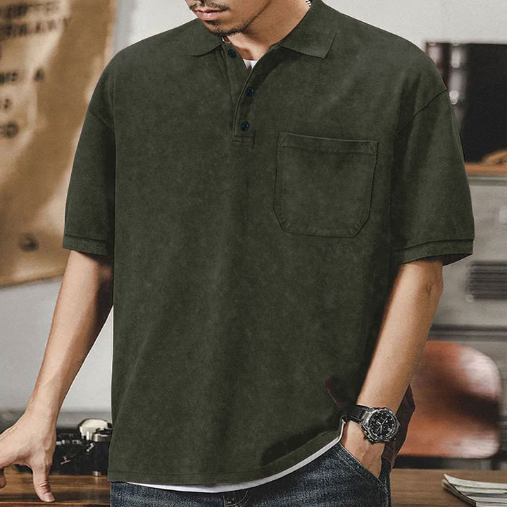 Men's loosely cut cotton polo shirt with a patch chest pocket and short button placket StylebySassy