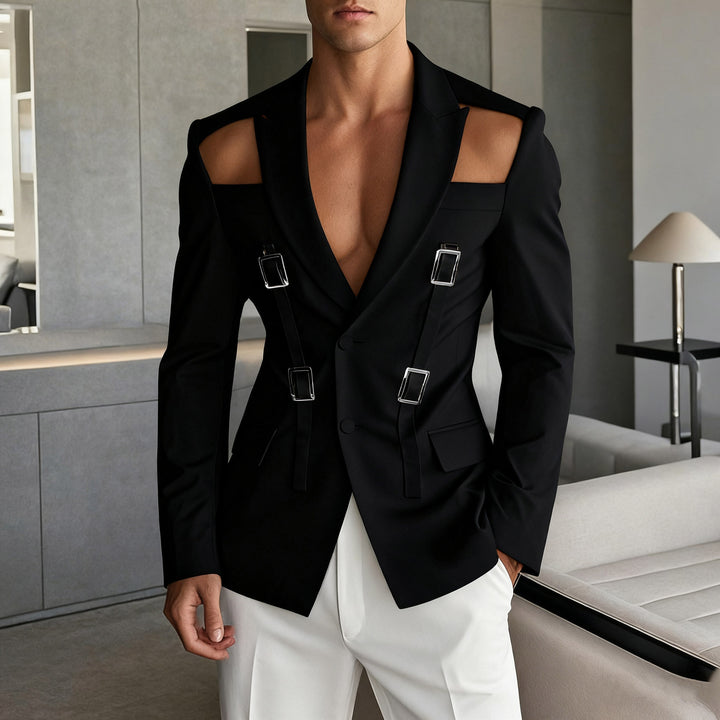 Men's avant-garde blazer with shoulder cutouts and buckle straps StylebySassy