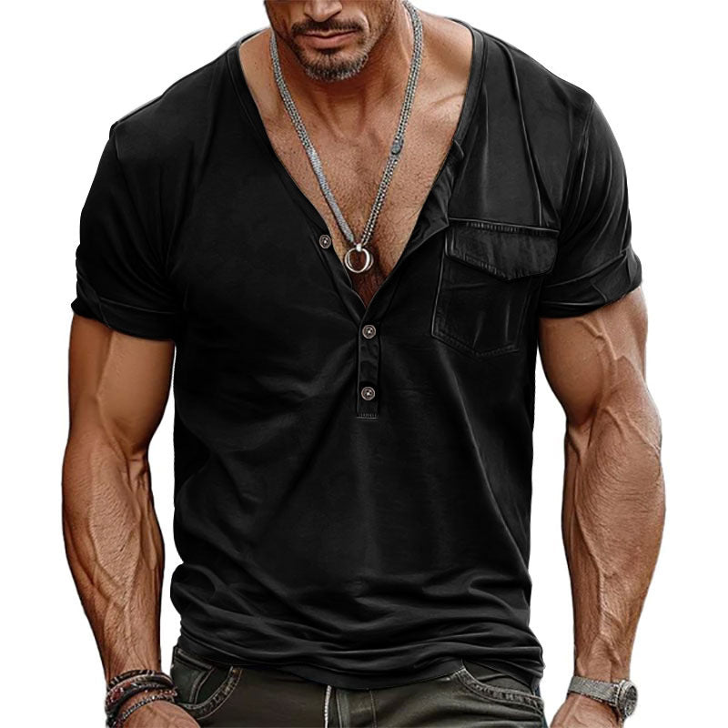 Men's nano athletic short sleeve shirt with deep V-neck, button placket and chest pocket StylebySassy