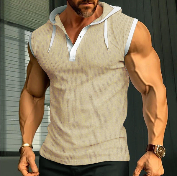 Men's Sleeveless Hooded Henley Muscle Shirt with Mesh Structure and Body-Hugging Fit StylebySassy