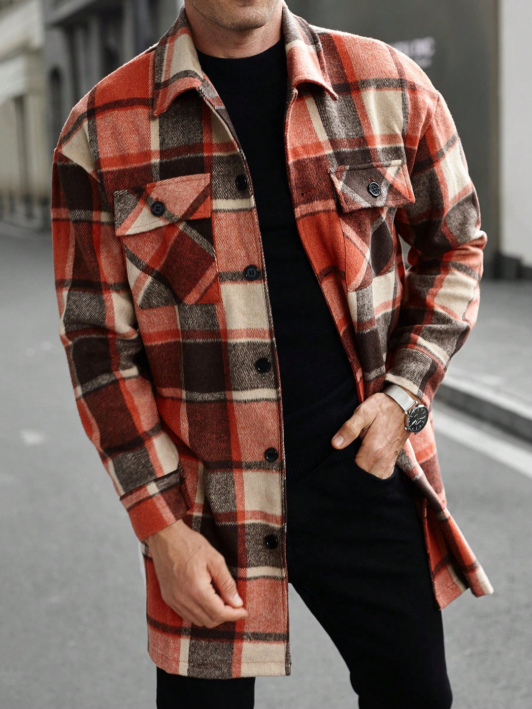 Men's checked longline overshirt with patch chest pockets and button placket StylebySassy