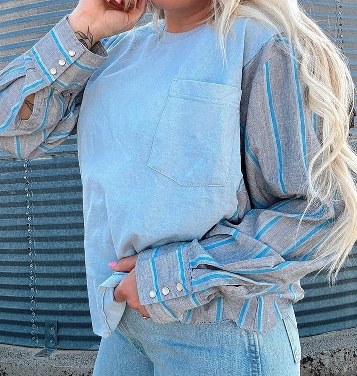 Women's long sleeve shirt in layered look with chest pocket and striped shirt sleeves StylebySassy