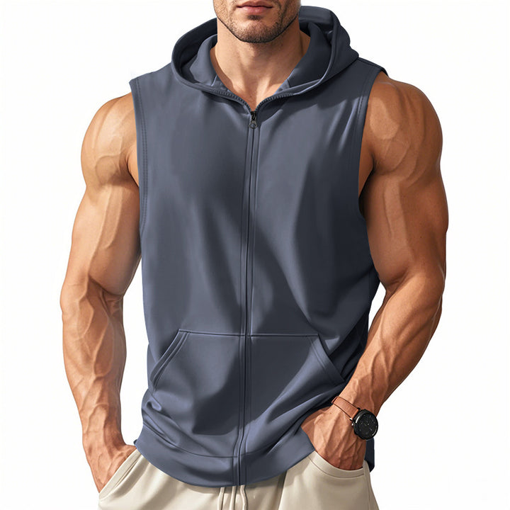 Men's sleeveless zip hooded vest with kangaroo pocket and athletic cut StylebySassy