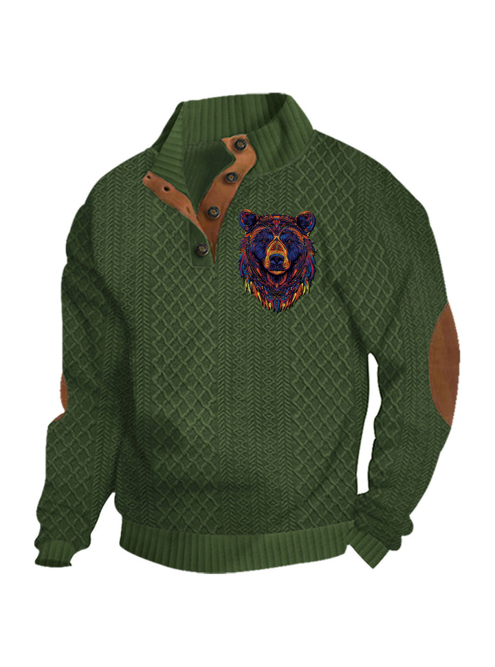 Men's nan Heritage textured pullover with stand-up collar faux leather trim elbow patches and half-button placket StylebySassy