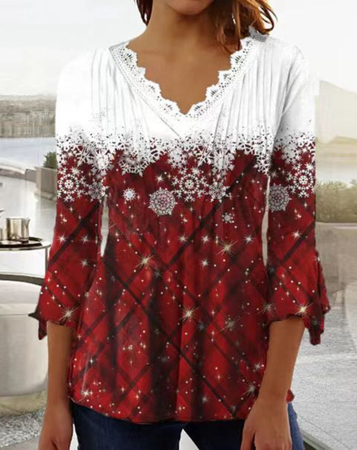 Women's Tunic blouse with lace V-neck, fine pleated yoke and wintry snowflake print StylebySassy