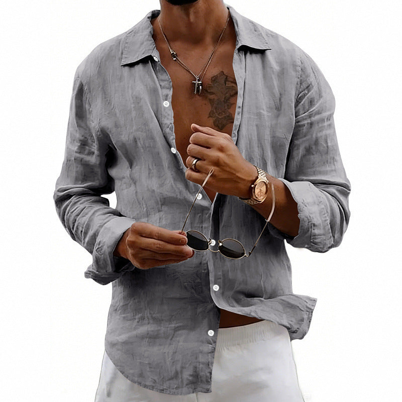 Men's airy relaxed linen shirt with open lapel, rounded hem, and roll-up sleeves StylebySassy