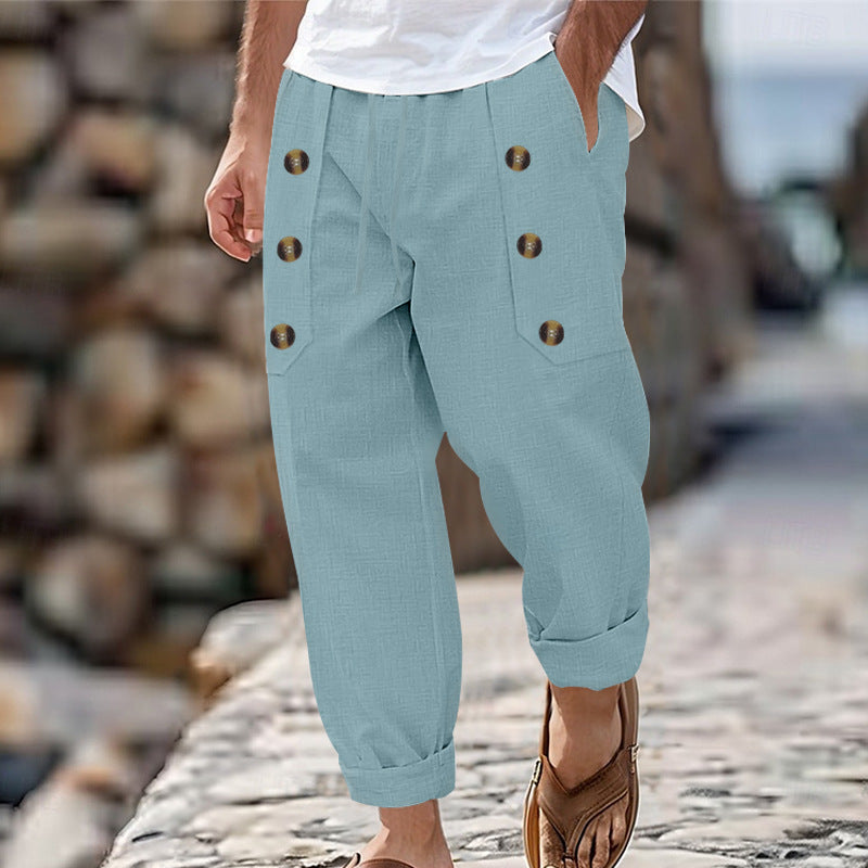 Men's loose linen trousers with decorative button stripes, rolled ankle cuffs, and side pockets StylebySassy