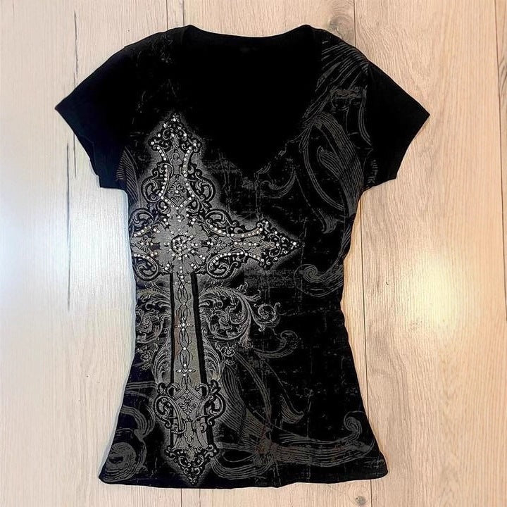 Women's T-shirt with elaborate cross design and rhinestone accents StylebySassy