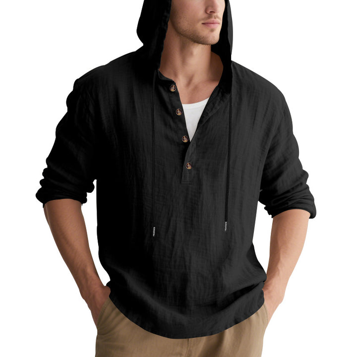 Men's casual linen henley with hood, drawstring and three-button placket StylebySassy