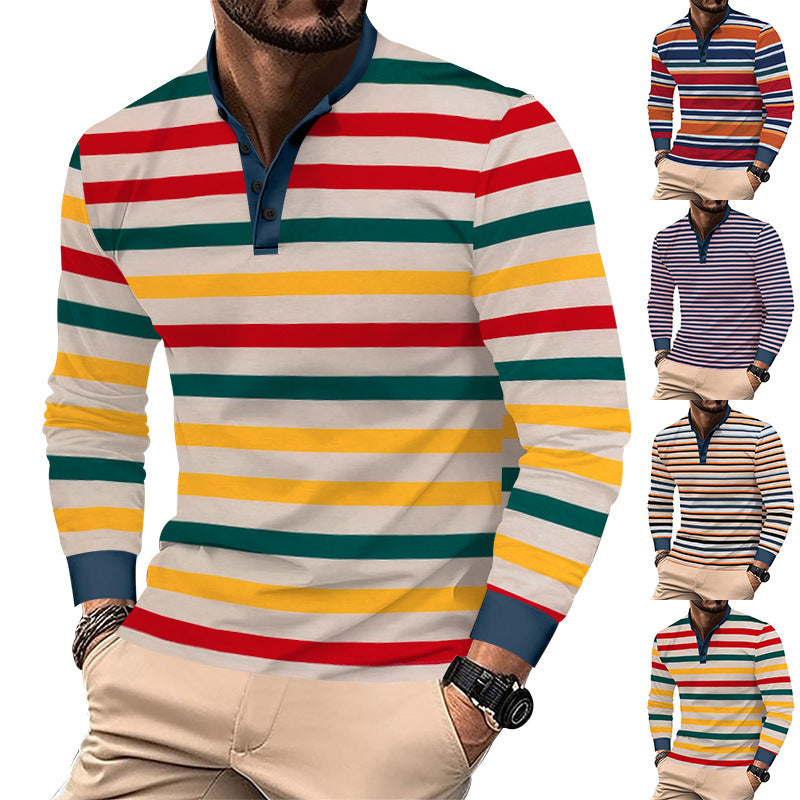 Men's striped long-sleeve Henley shirt with stand-up collar, slim fit and elastic cotton mix StylebySassy