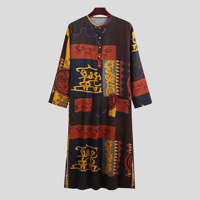 Ladies' Ethno-Maxi dress with stand-up collar, short button placket, dropped sleeves, and A-line cut StylebySassy