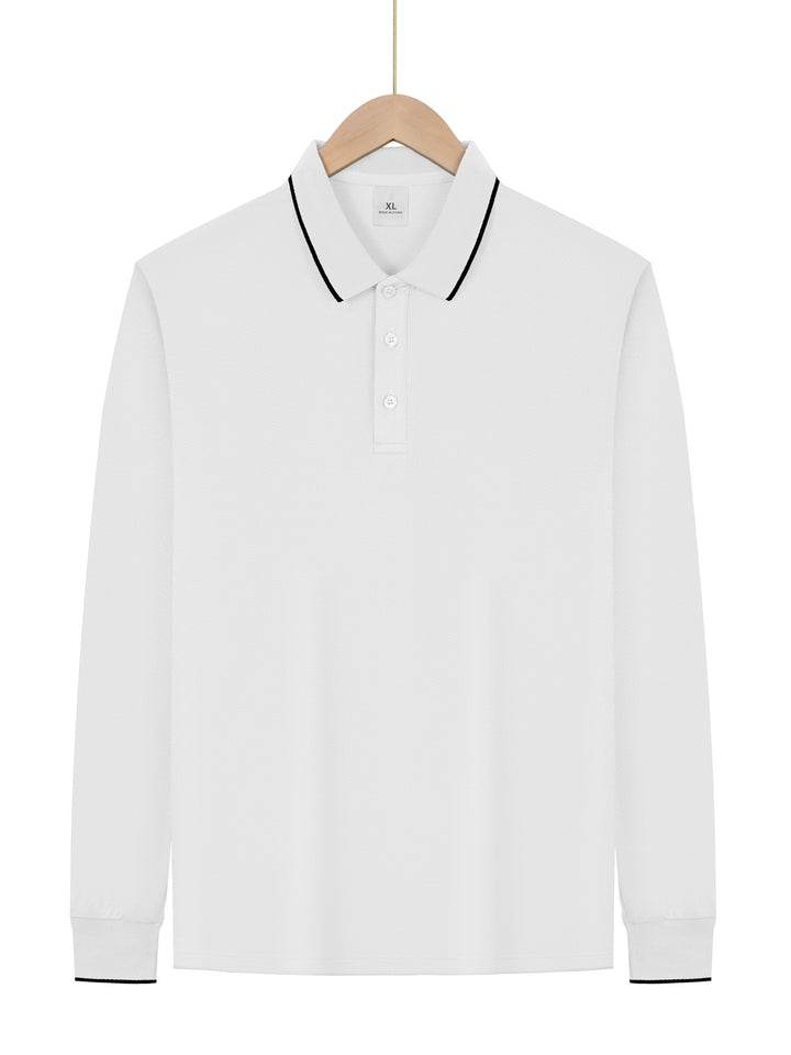 Men's long-sleeved pique polo shirt with contrasting piping at the collar and cuffs StylebySassy