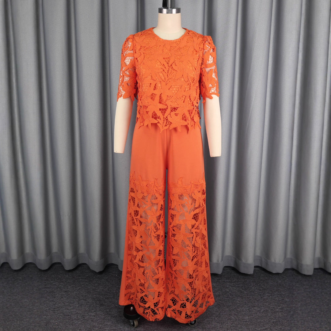 Ladies elegant wide-cut trousers with 3D embroidered lace accents StylebySassy