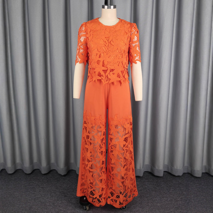 Ladies elegant wide-cut trousers with 3D embroidered lace accents StylebySassy