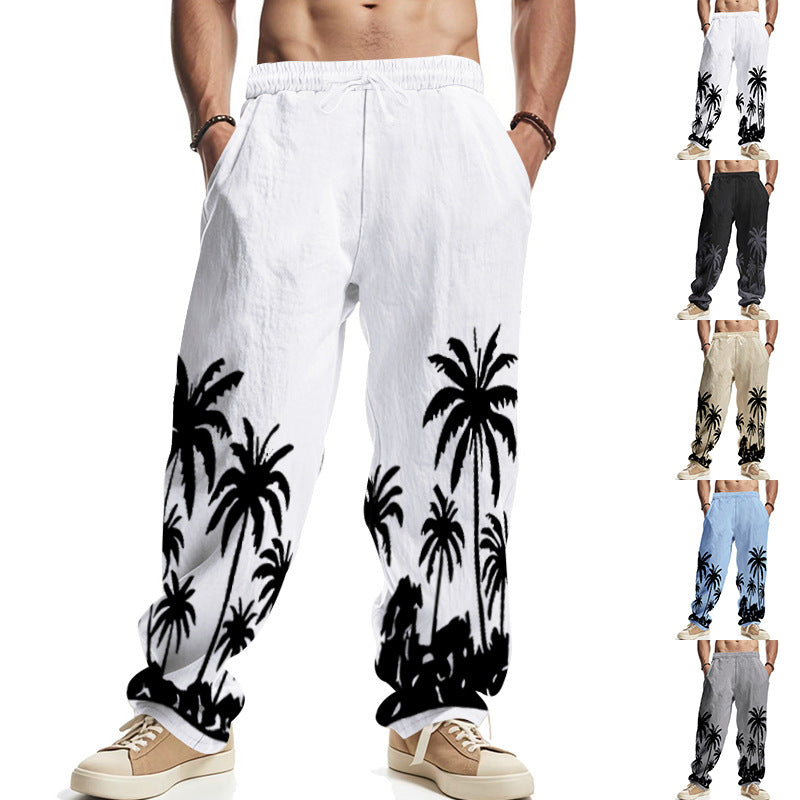 Men's wide leisure pants made of cotton-linen blend with palm print, elastic waistband and drawstring StylebySassy