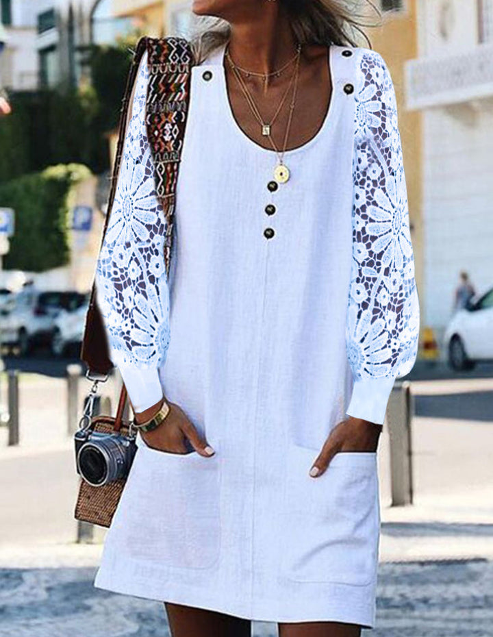 Women's relaxed linen mini dress with floral crochet sleeves, U-neckline and patch pockets StylebySassy