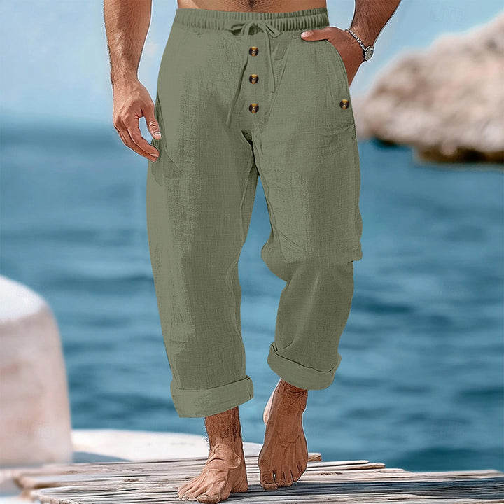 Men's casual linen-cotton pants with elastic waistband, drawstring, and rolled-up hem StylebySassy
