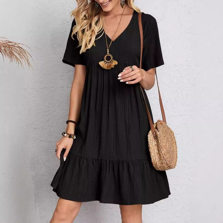Ladies Nan Crepe Short Dress with V-Neck, Gathered Empire Seam and Ruffled Hem StylebySassy
