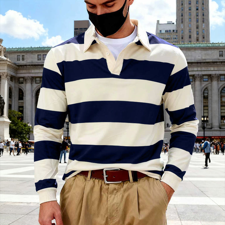 Men's striped rugby polo shirt made of cotton blend with short button placket and ribbed cuffs StylebySassy