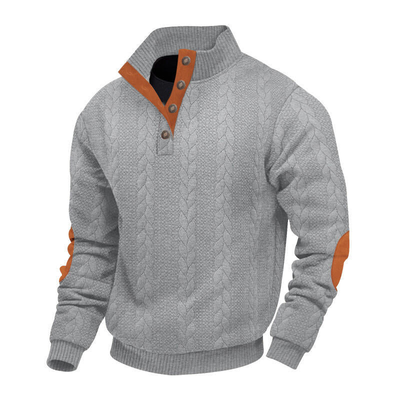 Men's chunky cable knit Troyer with button placket and suede elbow patches StylebySassy