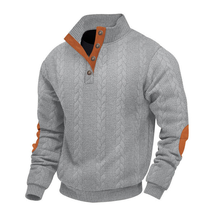 Men's chunky cable knit Troyer with button placket and suede elbow patches StylebySassy