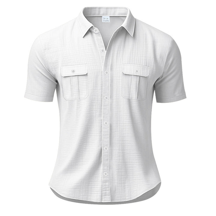 Men's structured short sleeve shirt in linen gauze look with flap pockets and rounded hem StylebySassy