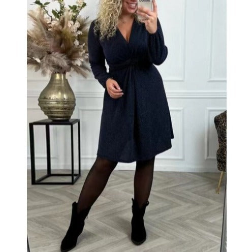 Women's knee-length V-neck dress with gathered waistband made of lightweight glossy knit StylebySassy