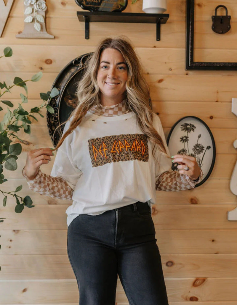 Women's casual layered t-shirt with retro band print, used look and checked mesh long sleeve top StylebySassy