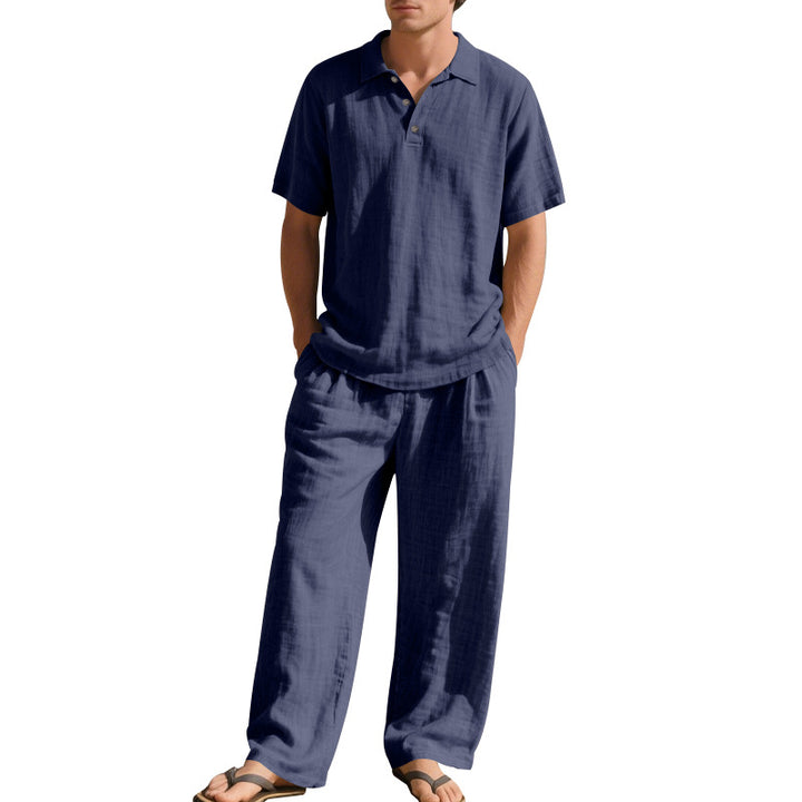 Men's airy linen ensemble with polo collar and adjustable waistband pants StylebySassy