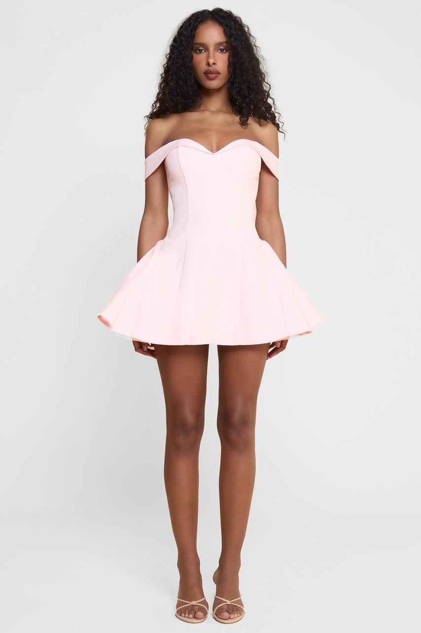 Women's short off-the-shoulder A-line dress with heart neckline, fitted bodice and side pockets StylebySassy