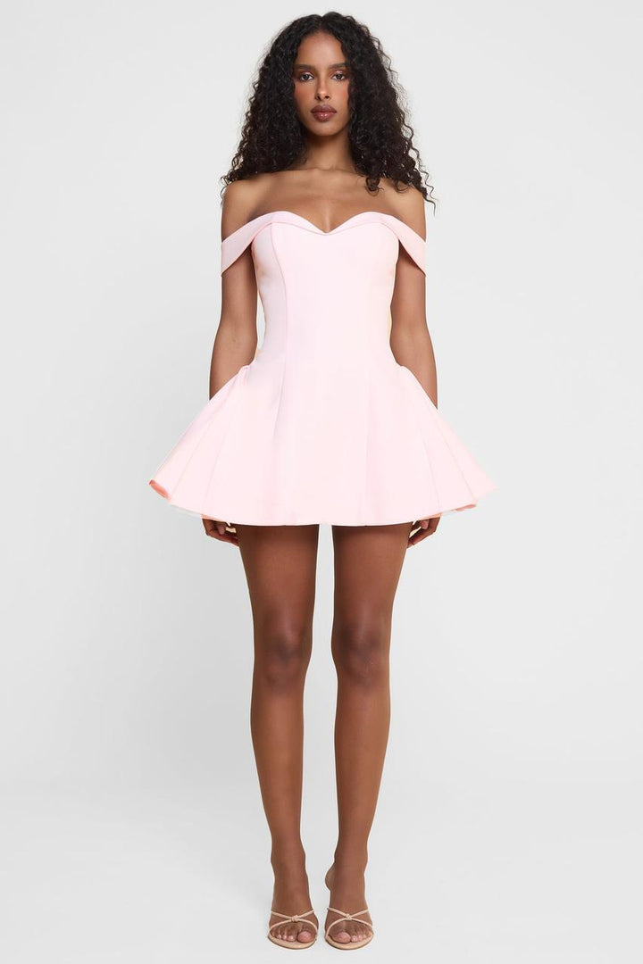 Women's short off-the-shoulder A-line dress with heart neckline, fitted bodice and side pockets StylebySassy