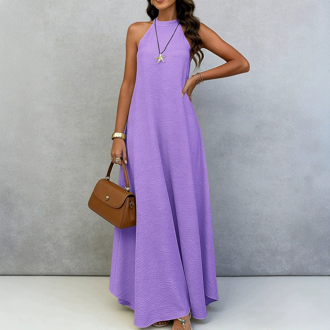 Women’s sleeveless maxi dress with high standing collar, flowing A-line and crepe texture StylebySassy