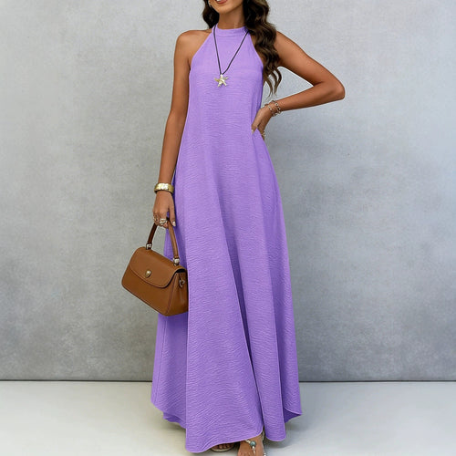 Women’s sleeveless maxi dress with high standing collar, flowing A-line and crepe texture StylebySassy