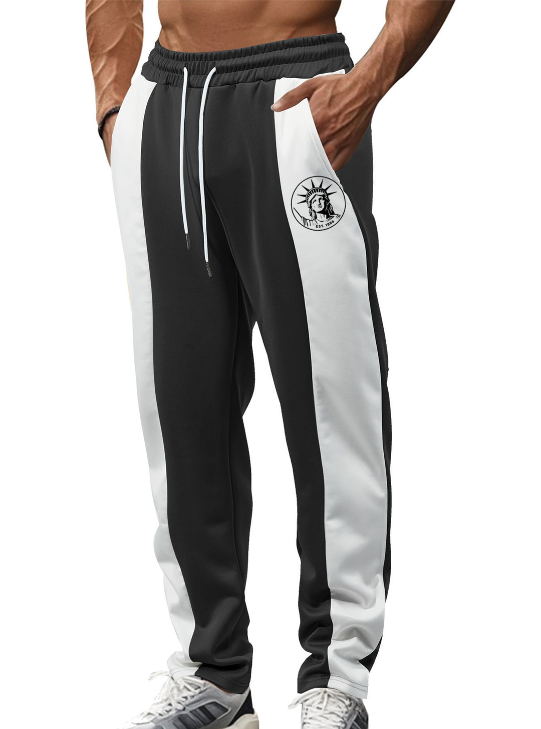 Men's sporty track pants with side contrast stripes, elastic waistband, drawstring, and deer embroidery StylebySassy