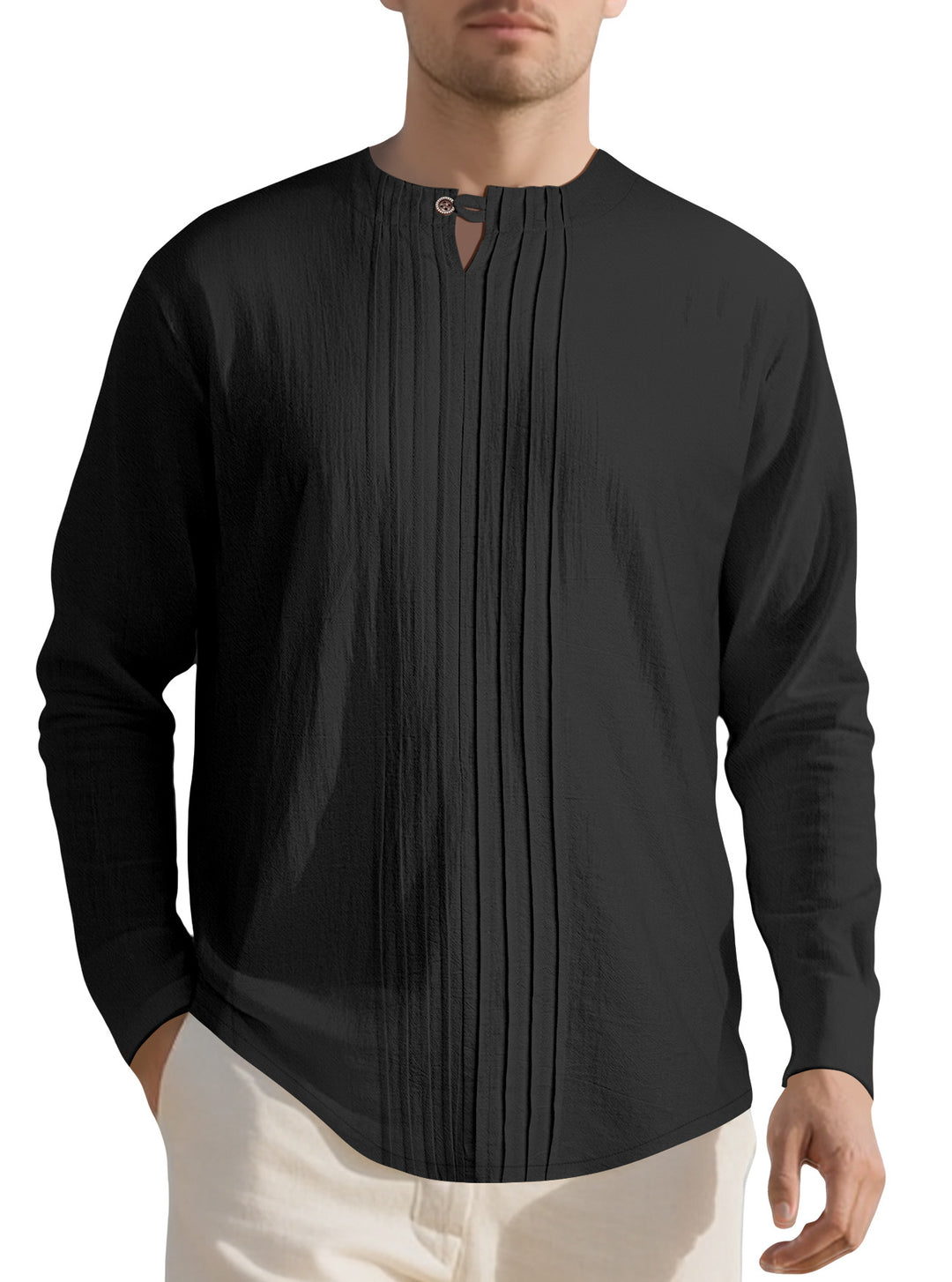 Men's Naan light structured tunic shirt with stand-up collar, pleats and loop button StylebySassy