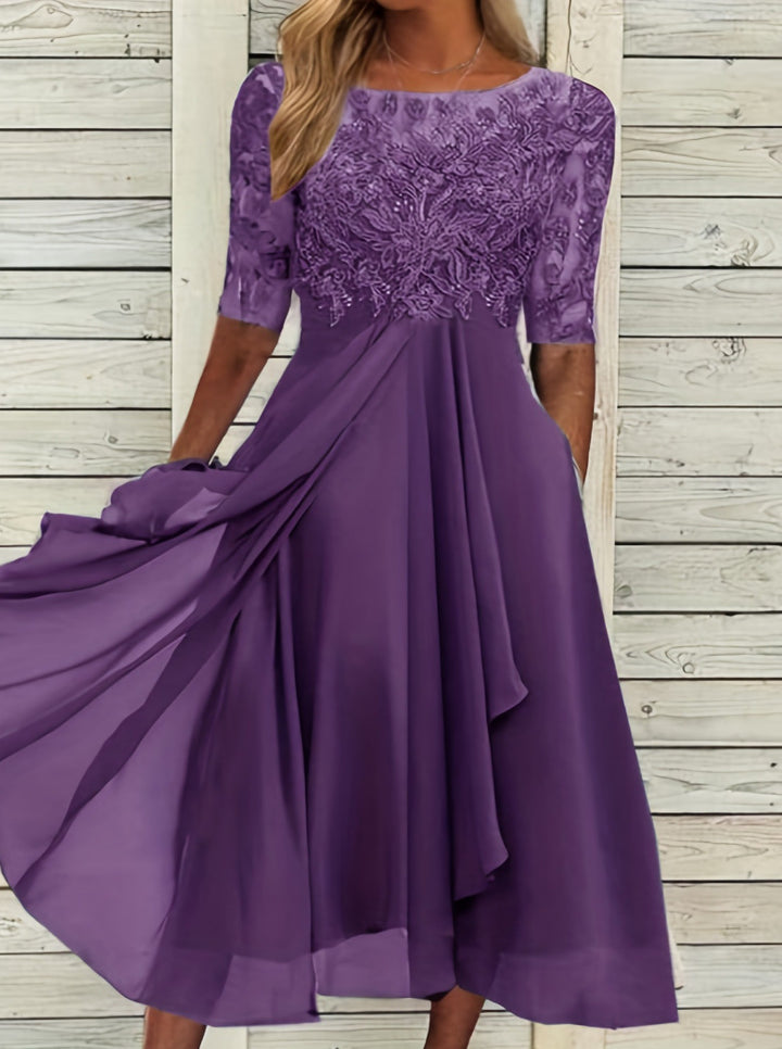 Women's elegant chiffon midi dress with embroidered lace top and three-quarter sleeves StylebySassy