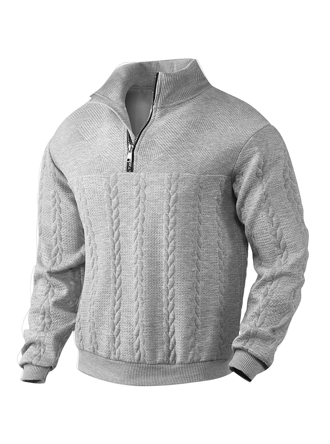 Men's textured knit sweater with half zip, braided cable pattern, and high stand-up collar StylebySassy