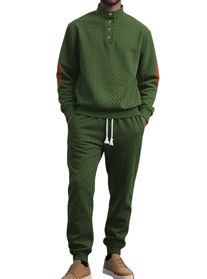 Men's patterned knit leisure set with half-button stand collar suede elbow patches and drawstring joggers StylebySassy