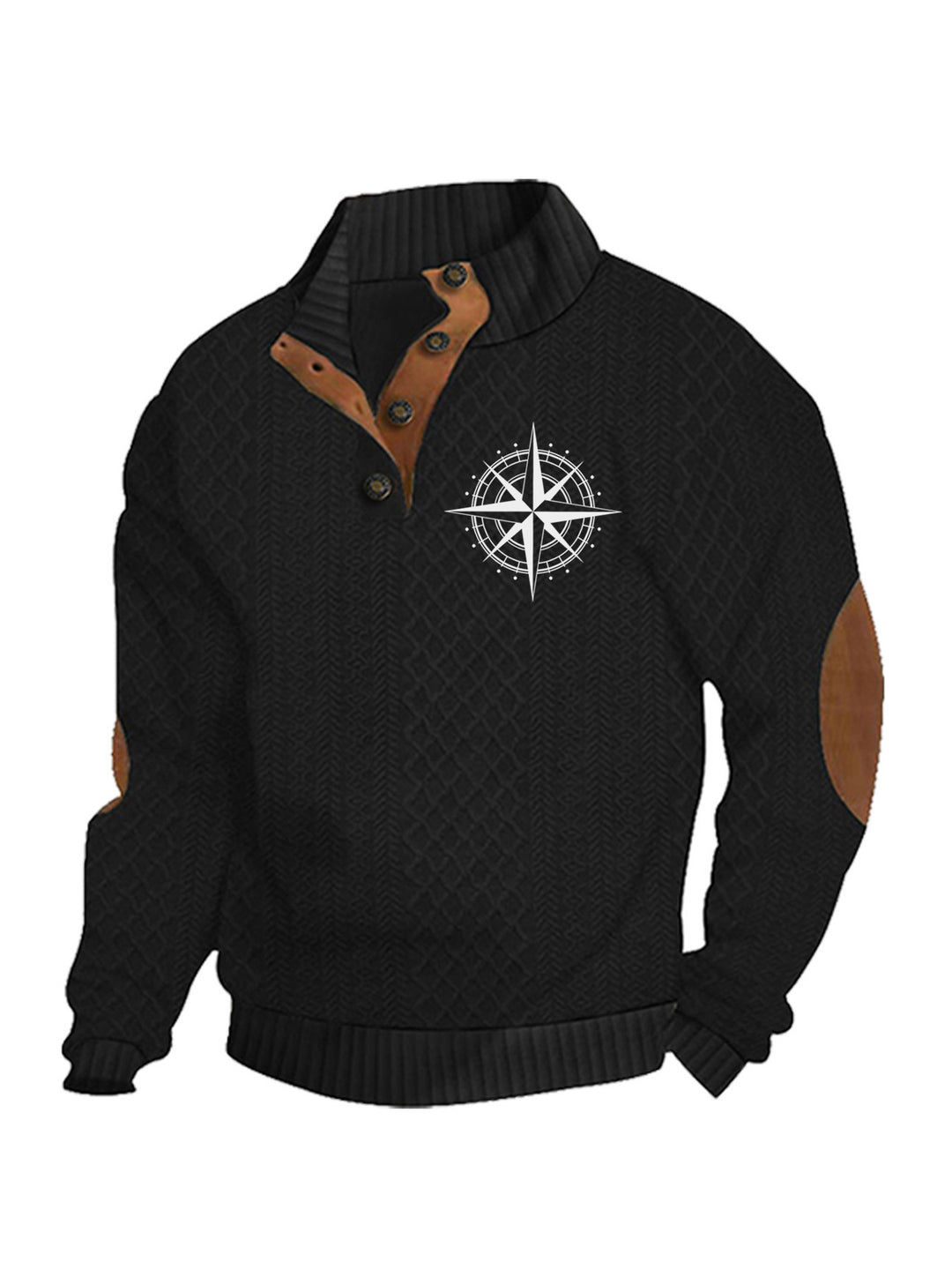 Men's nan Heritage textured pullover with stand-up collar faux leather trim elbow patches and half-button placket StylebySassy