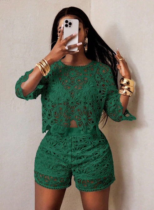 Women's crocheted two-piece set with crop top and high-waisted shorts StylebySassy