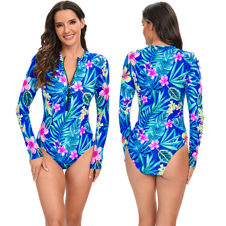 Women Sporty Long Sleeve Swimsuit with Floral Accents StylebySassy