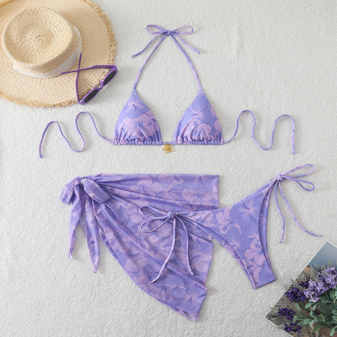 Ladies Triangle Bikini Set with Wrap Skirt and Floral Design StylebySassy