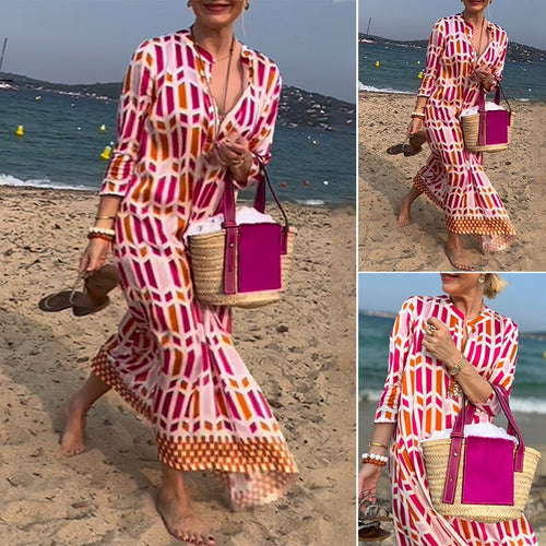 Women's flowing maxi dress with graphic all-over print, V-neck and three-quarter sleeves StylebySassy